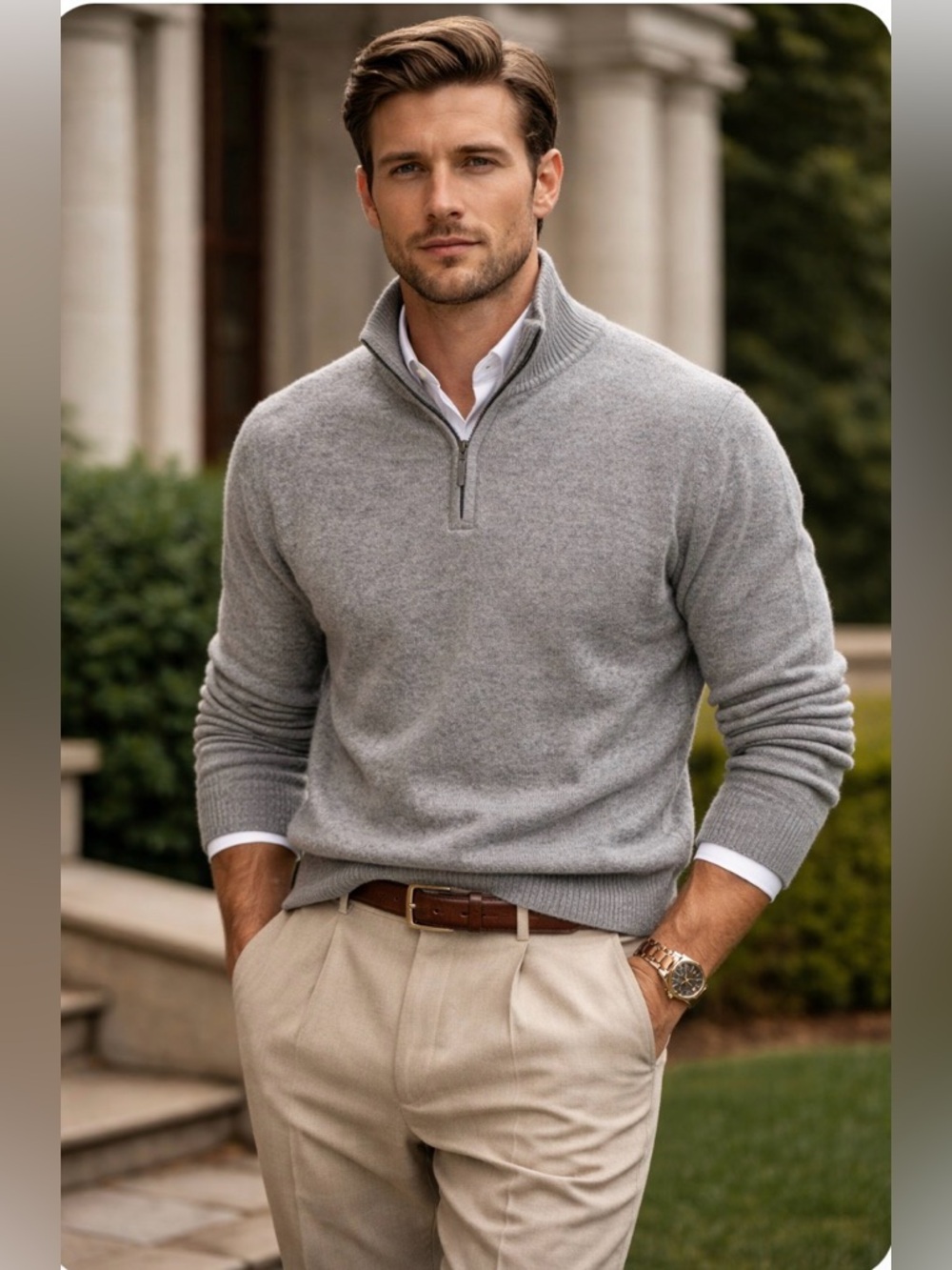 Qi Cashmere Men's Heather Grey 100% Cashmere 1/4 Zip Sweater Preppy Quite Luxury
